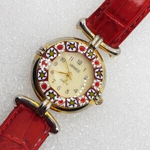 Venice Italy Murano Glass Millefiori 28mm Watch Italian MOP Leather Red Band